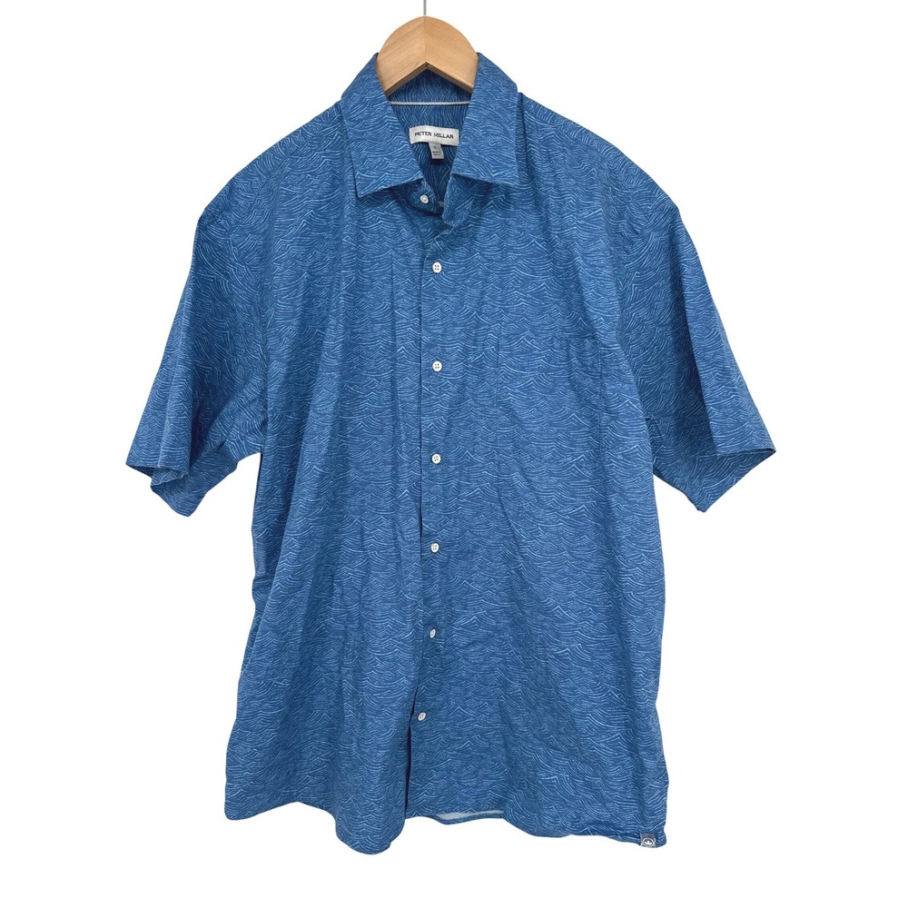Peter Millar Shirt Men L Blue Wave Print Button Up Coastal Preppy Resort Stretch